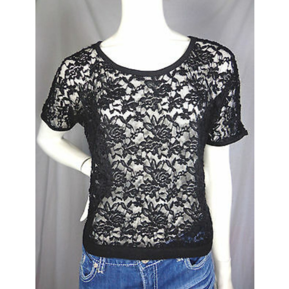 Iris Basic Tops - 🌸Iris Basic Black Lace Crochet Sheer Cropped Tee